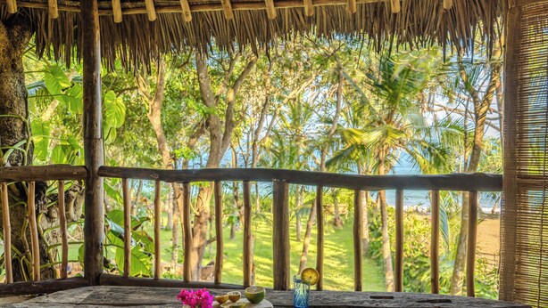 Una terraza de madera con techo de paja, con vista a un exuberante jardín tropical y una playa.