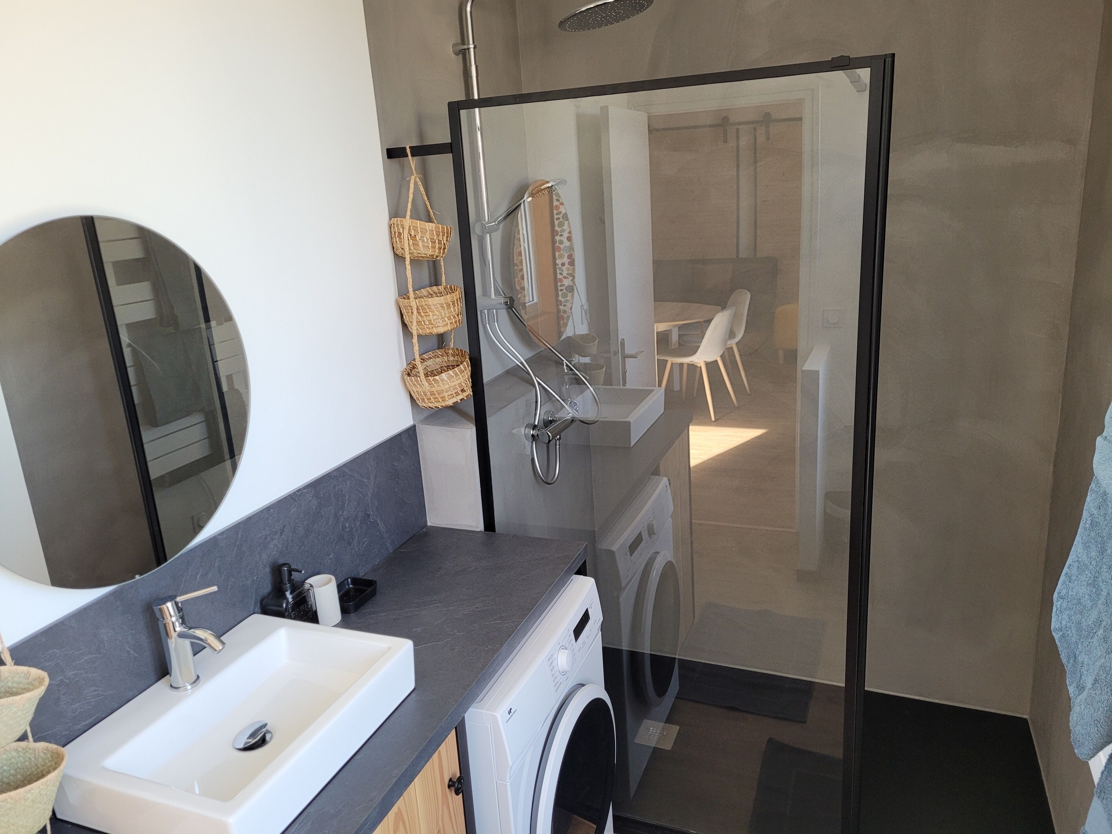 Hair dryer, towels, soap, shampoo