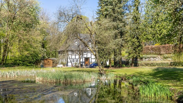 A house with a pond in front, surrounded by trees and a clear sky. - Apartment Kleine Auszeit with Mountain View in Historic Forester’s House (Olsberg)