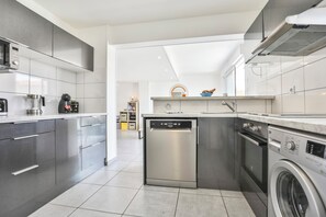 Een magnetron, een oven, een kookplaat, een vaatwasser