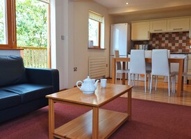 Una sala acogedora con un sofá, una mesa de madera con un hervidor de agua y una cocina con salpicadero a cuadros.