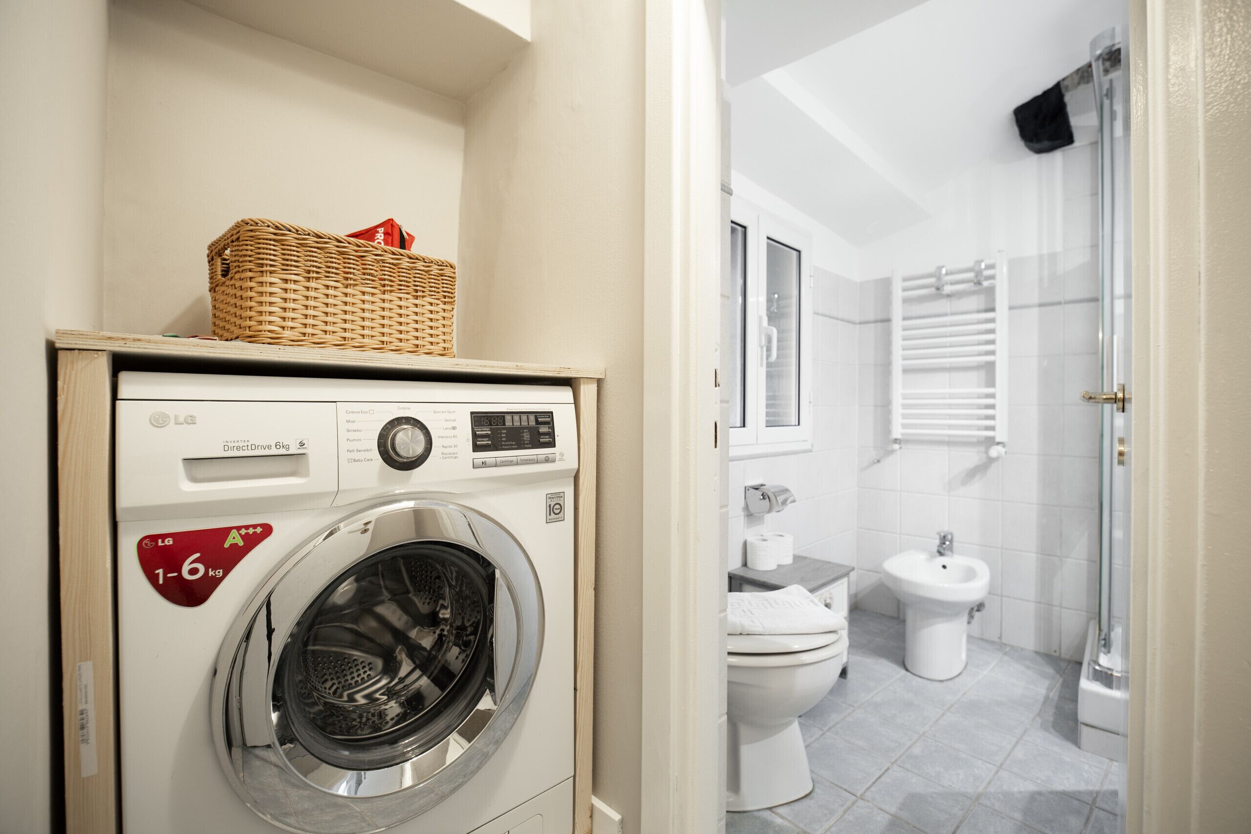 Shower, hair dryer, bidet, towels