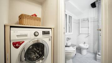 Shower, hair dryer, bidet, towels