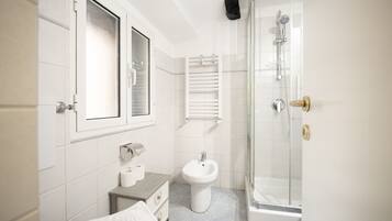 Shower, hair dryer, bidet, towels