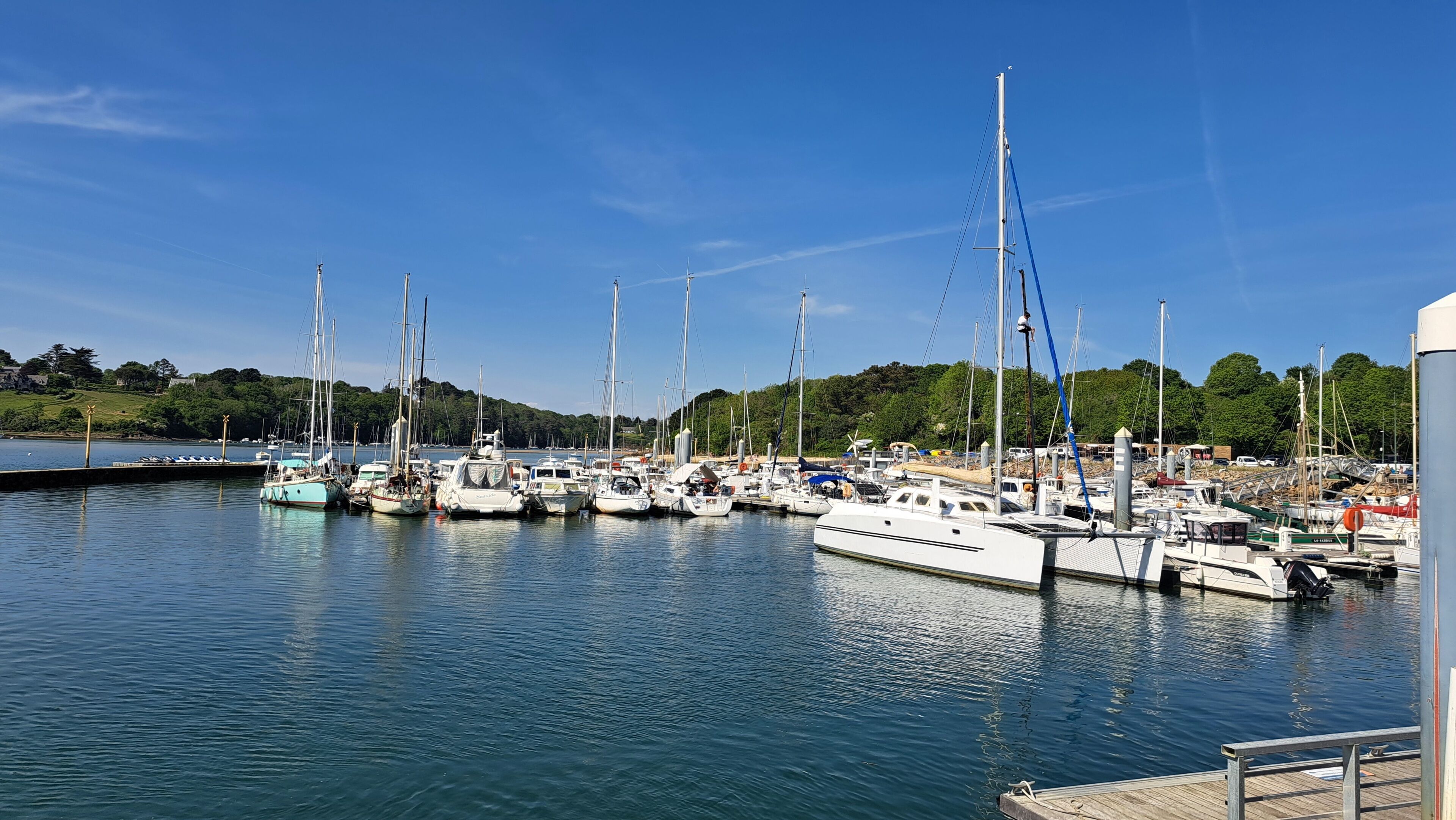 A marina with multiple boats docked, calm water, and a clear sky.