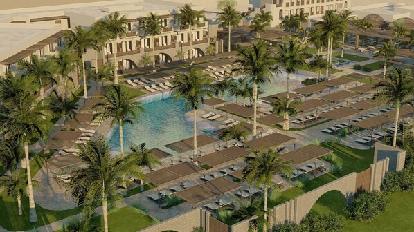 Un resort con piscina central, varias zonas de descanso y palmeras.