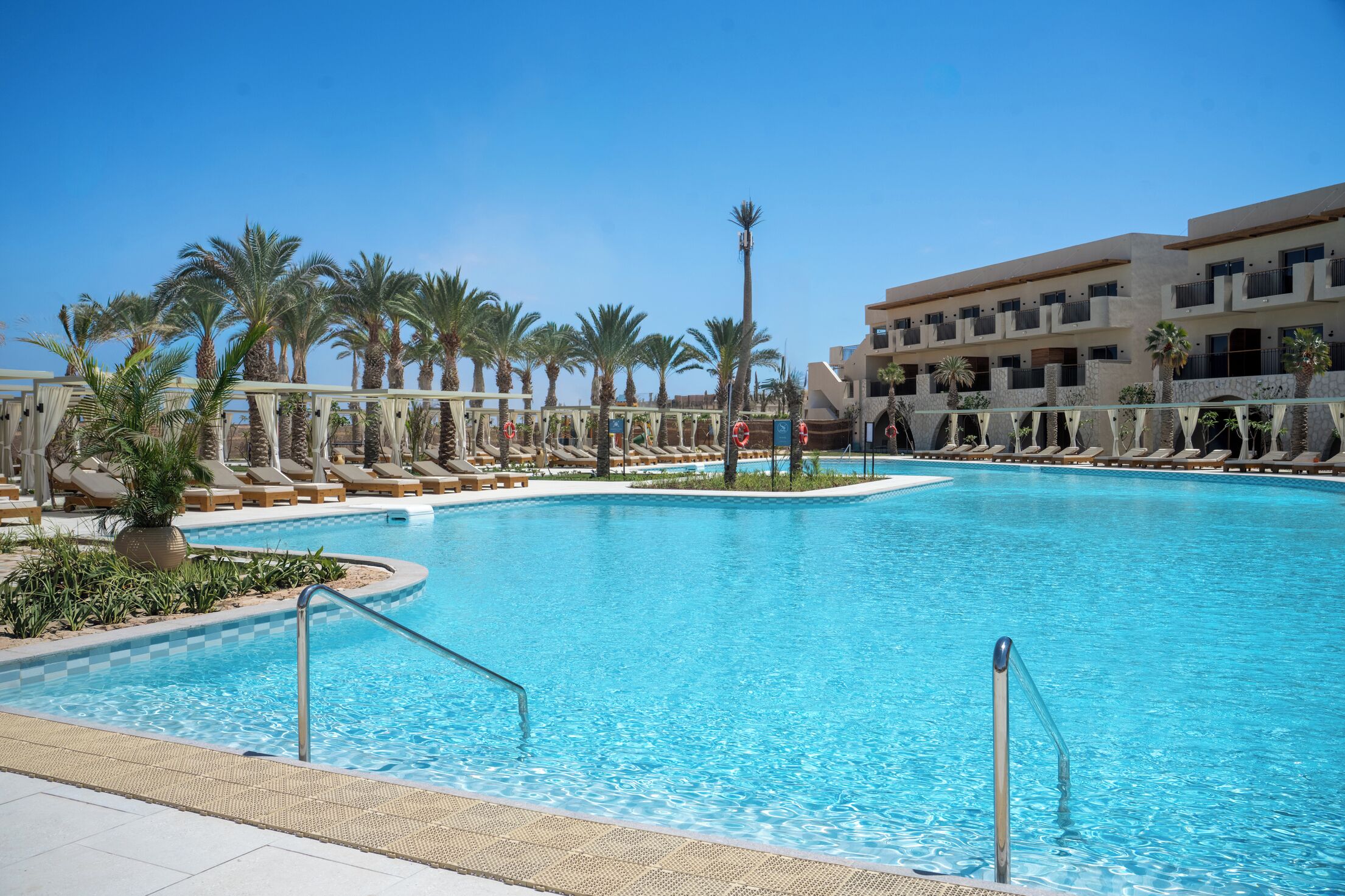 A large swimming pool with lounge chairs and palm trees, surrounded by a building with multiple balconies.