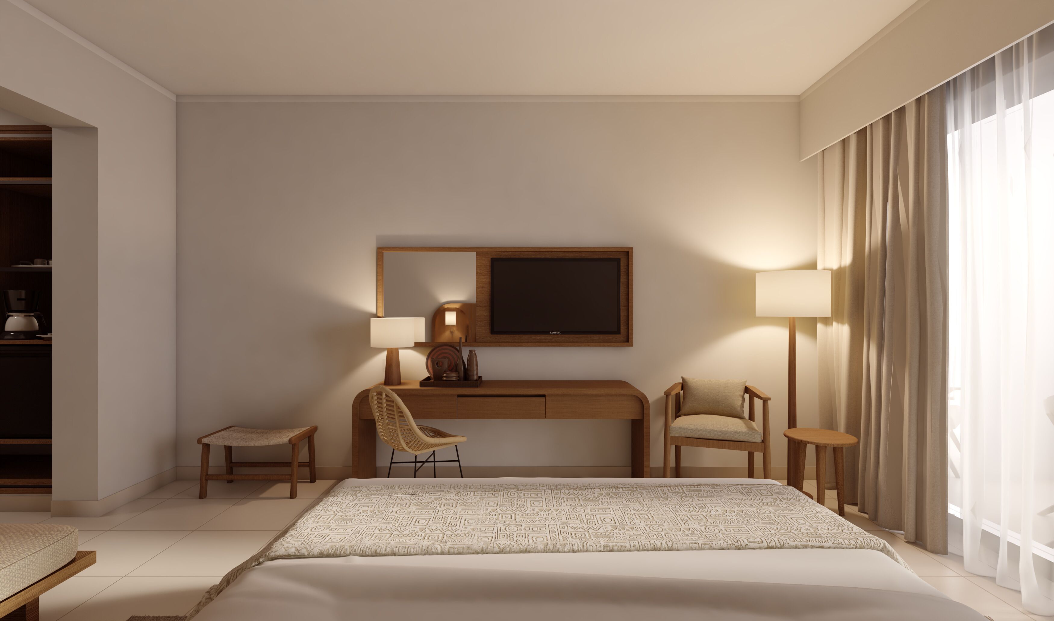 Minibar, caja de seguridad en la habitación y escritorio 