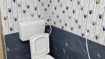 Shower, rainfall showerhead, slippers, towels