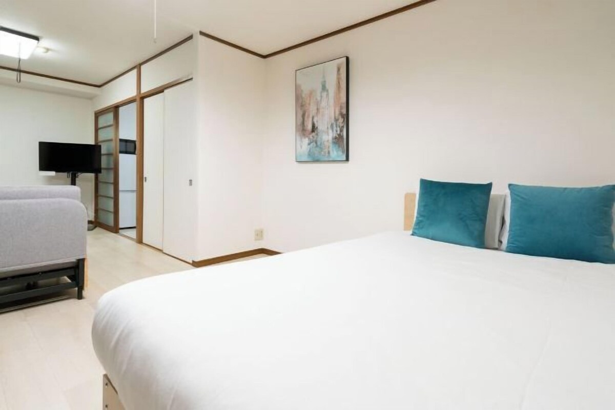 A hotel room with a bed, a television, and a sliding door closet.