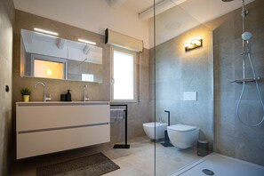 Shower, hair dryer, bidet, towels