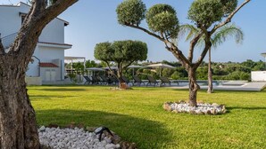 A well-maintained garden with a pool, lounge chairs, and a white building.