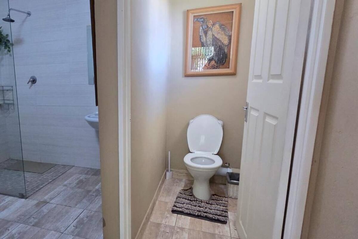 A bathroom with a toilet, a shower, and a framed artwork on the wall.