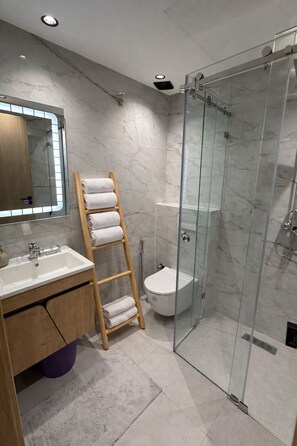 Sèche-cheveux, serviettes fournies, savon, papier toilette