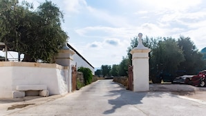 A paved driveway leading to a gated entrance with a white wall and a tree on the left. - Lamapecora - Salone Apartment with Balcony, Wi-Fi and Air Conditioning (Fasano)