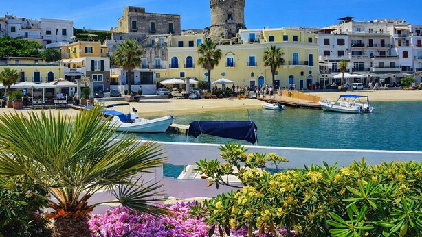 Un pueblo costero con edificios históricos, un castillo y un puerto deportivo con barcos.