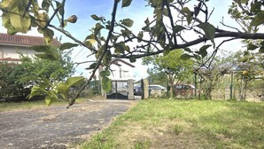 Zona residencial con un camino pavimentado que lleva a una entrada con portón, rodeada de césped y  árboles.