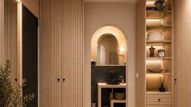 A modern interior with a herringbone floor, wooden paneling, a central archway, and built-in shelving with various items. - House - 2 private suites - cosy - 2'Monaco and port (Beausoleil)