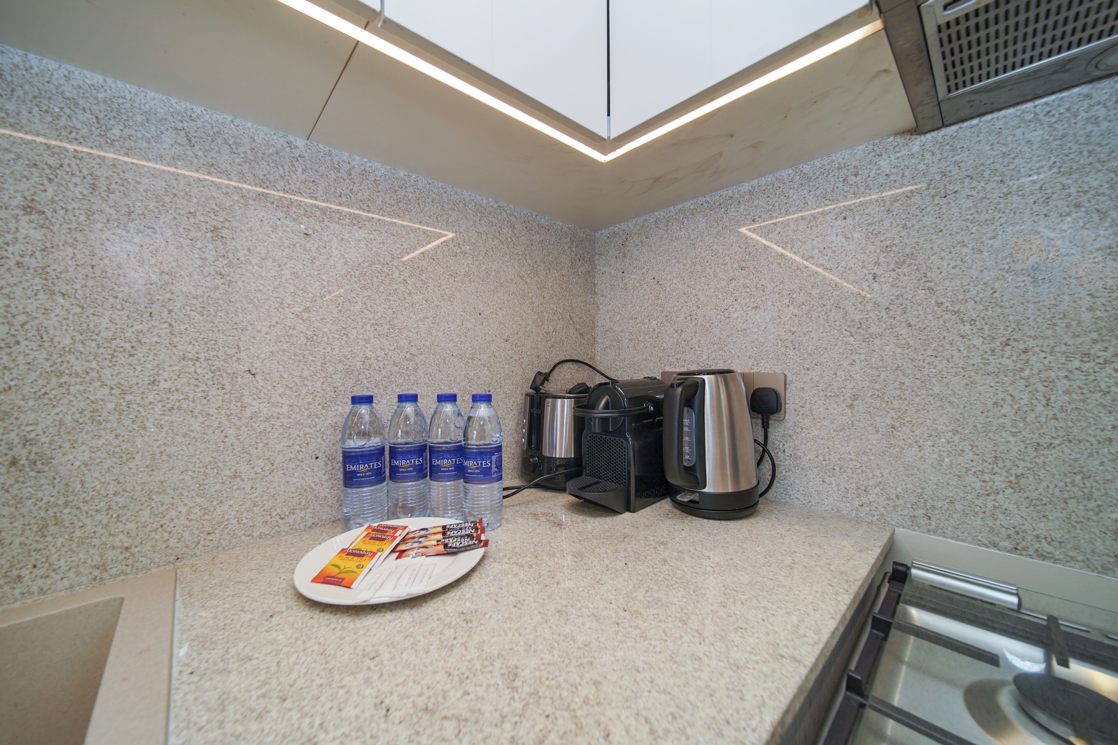 Departamento exclusivo, para no fumadores, vista a la ciudad | Cocina privada | Refrigerador con congelador, microondas, horno y parrilla de estufa 