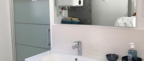 Regadera, secadora de cabello, toallas, jabón