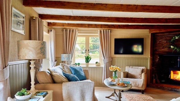 A cozy living room with a sofa, armchair, and a fireplace. - Rosedale Cottage (Brixham)