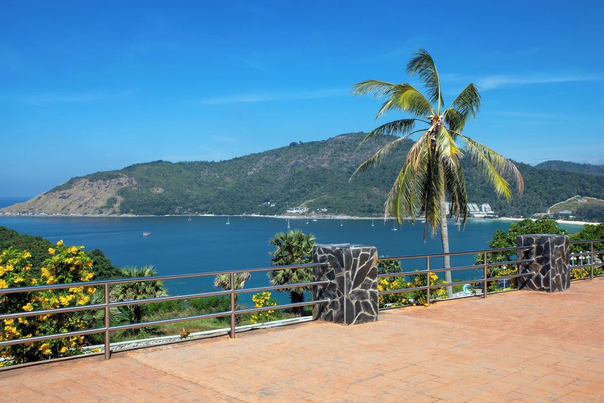A coastal view with a palm tree, a stone structure, and a railing overlooking the sea.