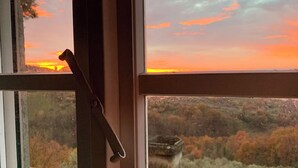 Una finestra con vista su un tramonto su un paesaggio con alberi e un edificio.