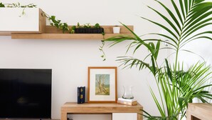 A modern living room with a flat-screen TV, wooden console, and a potted plant. - Artistic Oasis in Vatican (Roma)