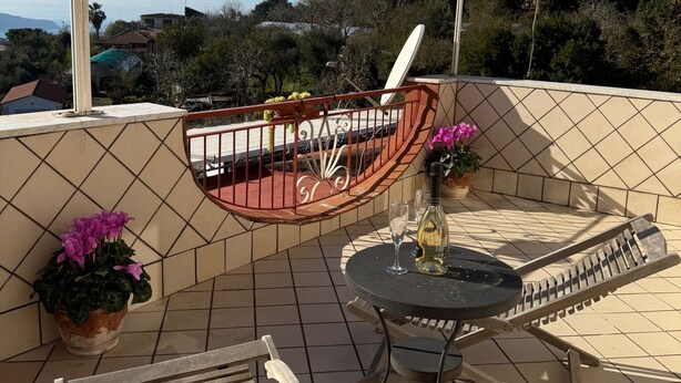 Eine überdachte Terrasse im Freien mit Tisch, Stühlen und Kübelpflanzen.