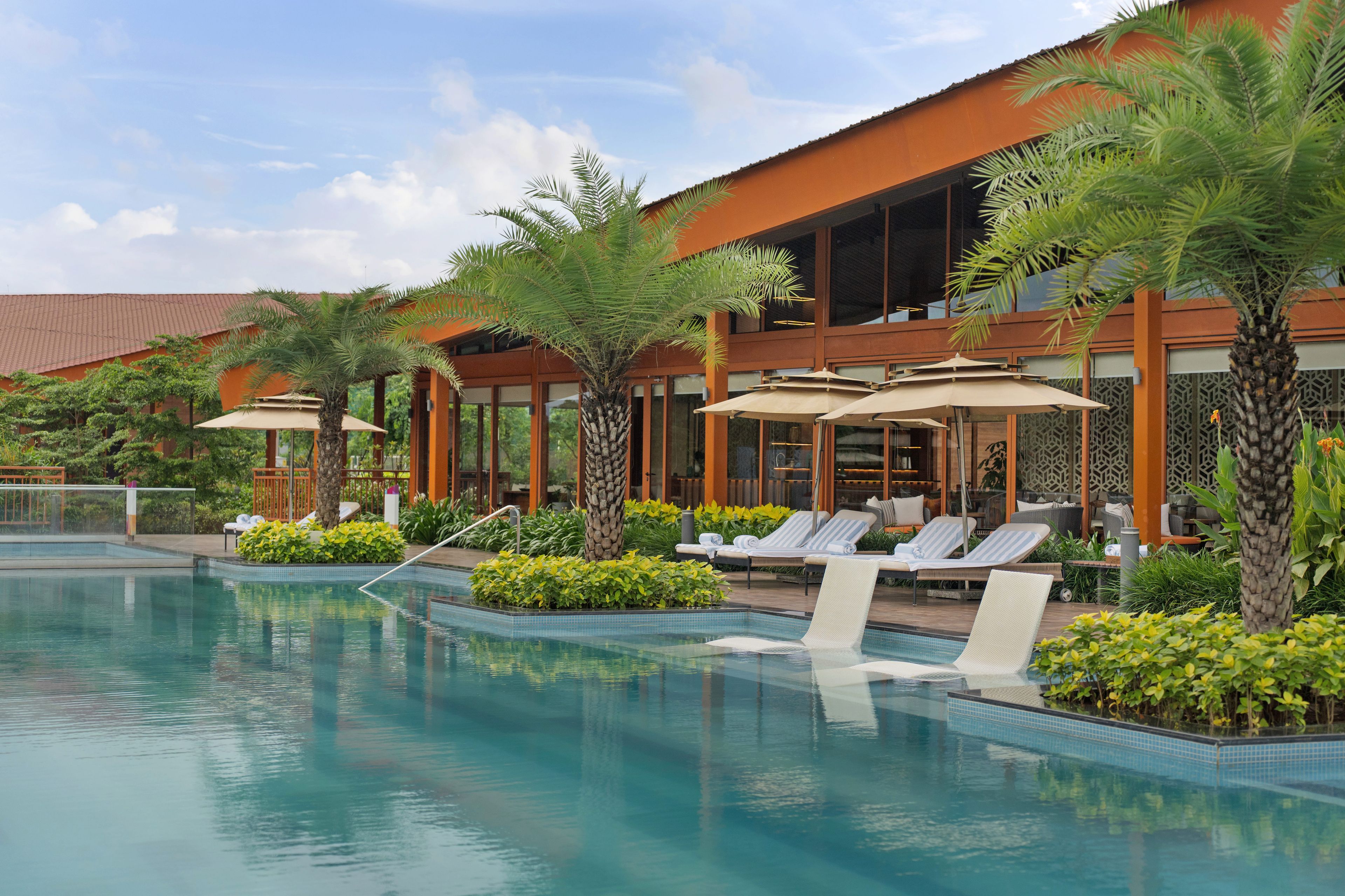 A swimming pool area with lounge chairs and umbrellas, surrounded by palm trees and greenery.