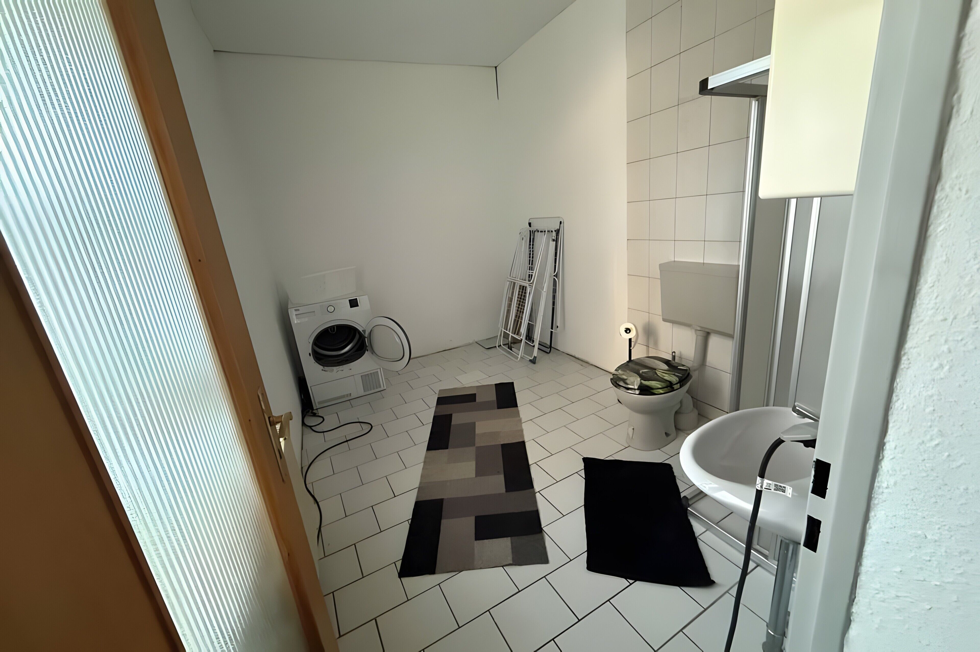 Une salle de bain équipée d’un lave-linge, de toilettes, d’un lavabo et d’un tapis à motifs.