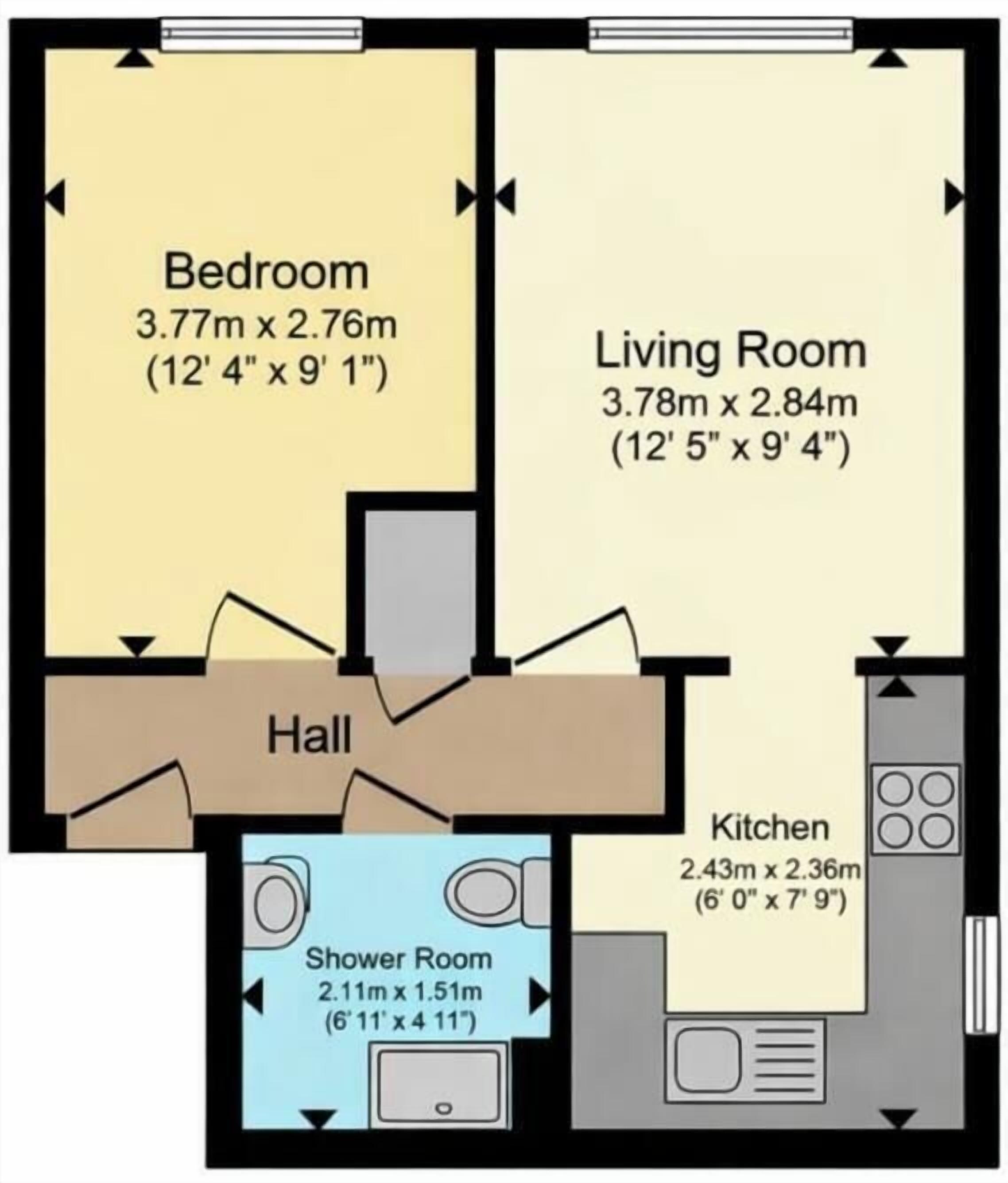 A floor plan with a bedroom (3.77m x 2.76m), living room (3.78m x 2.84m), hall, kitchen (2.43m x 2.36m), and a shower room (2.11m x 1.51m).