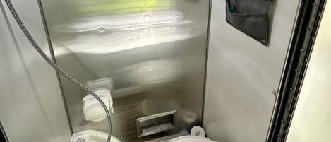 Hair dryer, towels, soap, shampoo