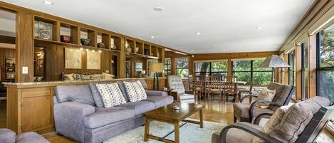 TV, DVD player, video library, stereo