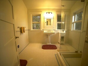 A bathroom with a white sink, mirror, and shower.