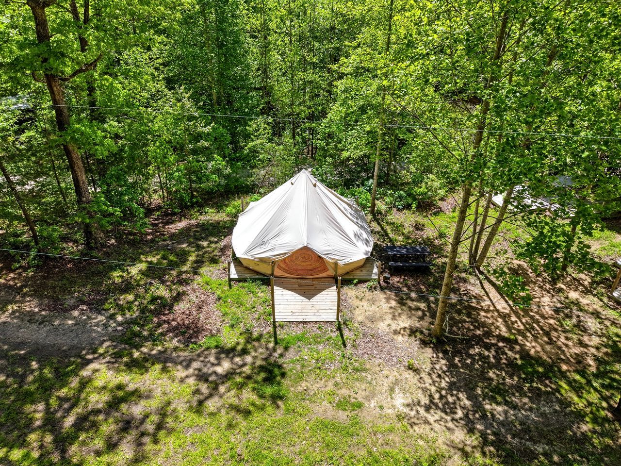 A tent set up in a forested area with a dirt ground and trees surrounding it.