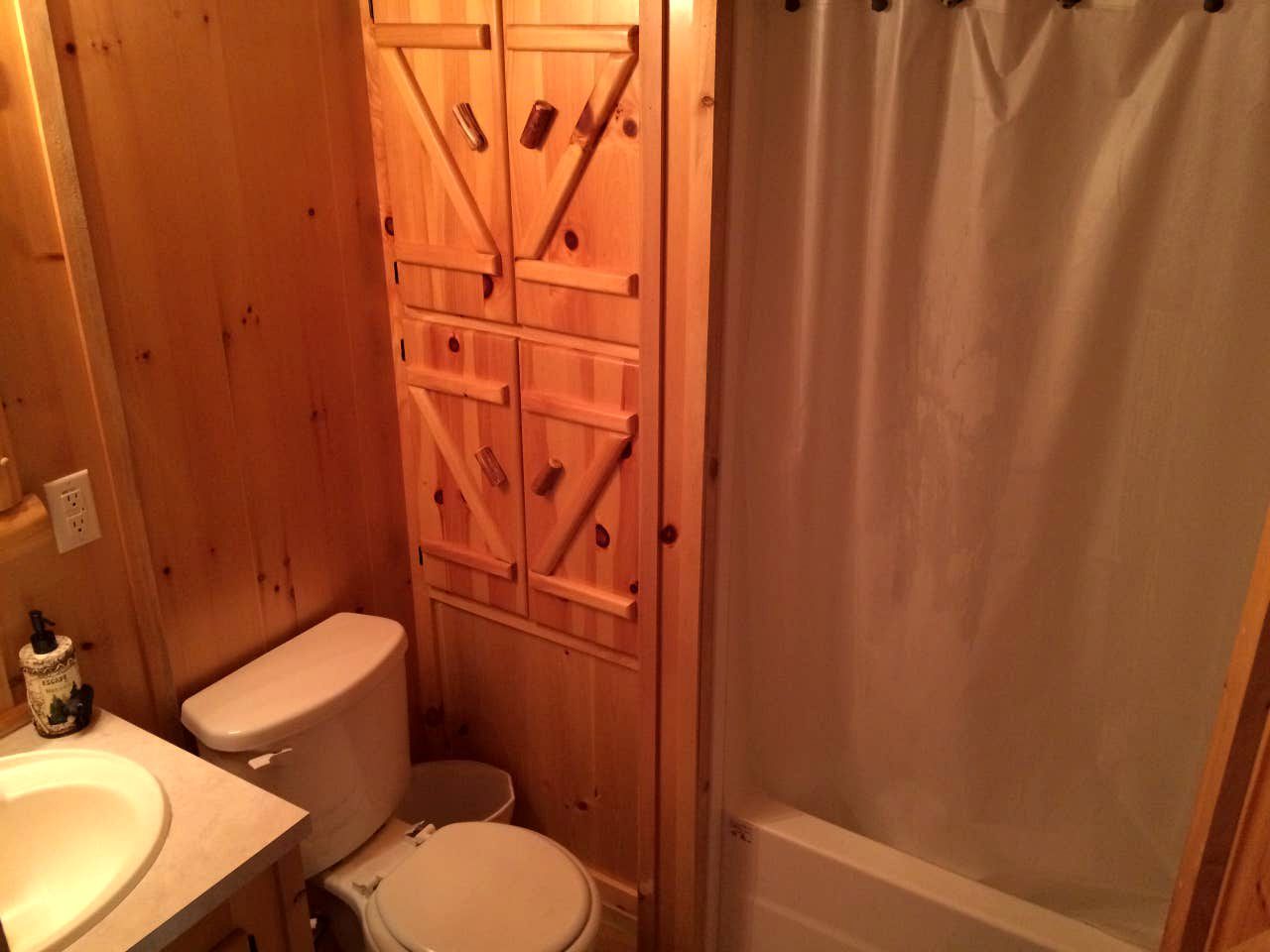 A small bathroom with a wooden door, a toilet, a sink, and a shower curtain.