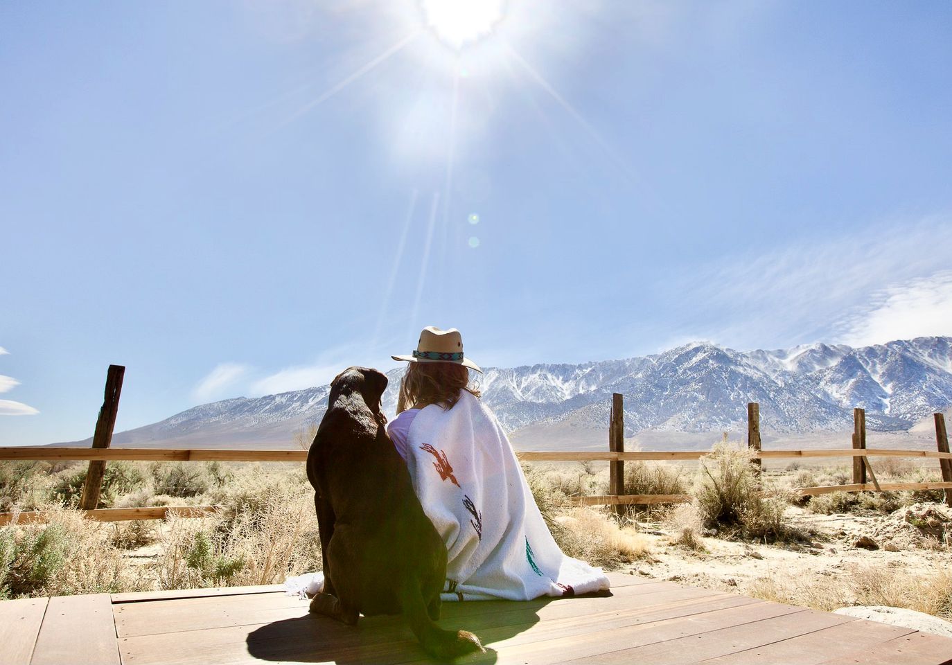 A wooden deck with a person and a dog facing a mountain range.