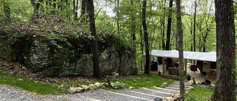 A rustic cabin with a gravel driveway, surrounded by dense forest.