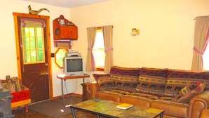 A living room with a sofa, a television, a wooden cabinet, and a door. - Cozy Vacation Cabin near Allegheny State Forest, Pennsylvania (Penfield)
