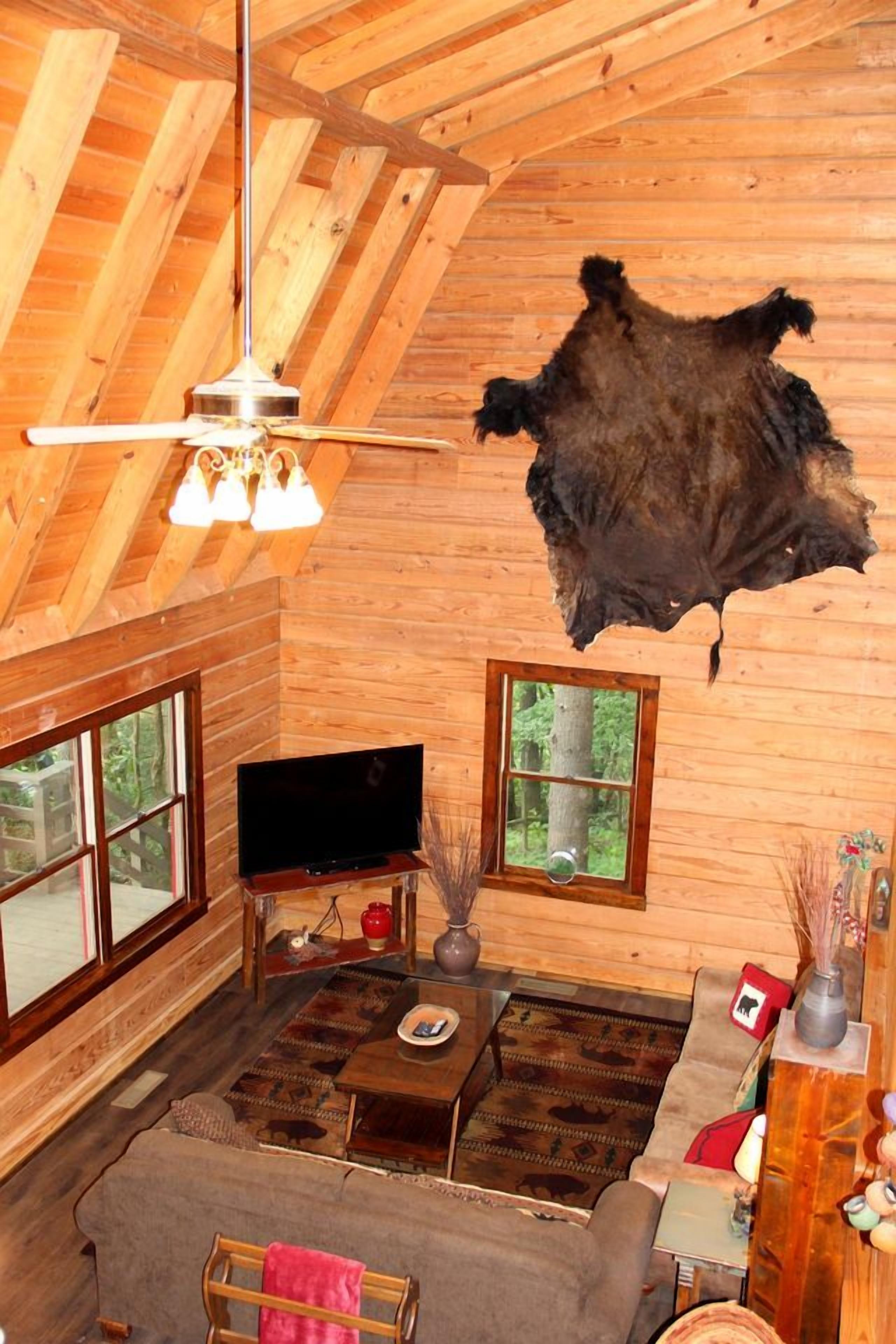 A log cabin interior with a ceiling fan, a mounted animal hide, a flat-screen TV, and a sofa.