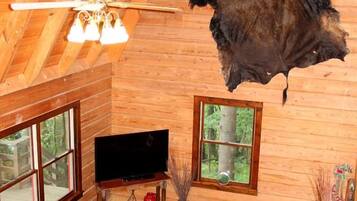 A log cabin interior with a ceiling fan, a mounted animal hide, a flat-screen TV, and a sofa.