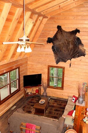 Interior de una cabaña de troncos con un ventilador de techo, un trofeo de piel de animal montado, un televisor de pantalla plana y un sofá.