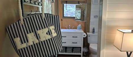 Hair dryer, towels, soap, shampoo