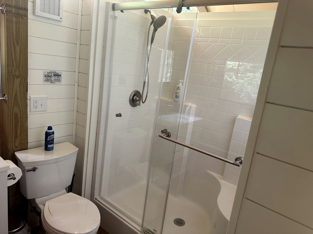 Hair dryer, towels, soap, shampoo