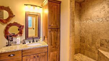 Jetted tub, hair dryer, towels, soap