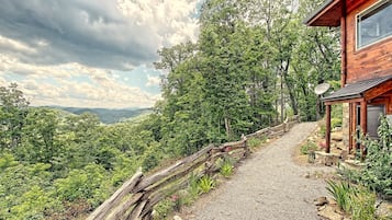 A wooden cabin with a gravel path leading to it, surrounded by lush greenery and mountains in the background.