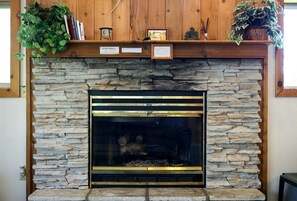 A stone fireplace with a glass door, flanked by wooden shelves with books and decorative items. - Lakefront Cabin Rental with a Paddle Boat near Wisconsin Dells, Wisconsin (Tomah)