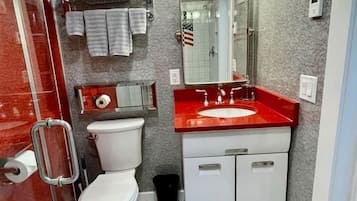 Hair dryer, towels, soap, shampoo