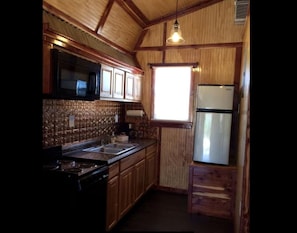 Fridge, microwave, oven, stovetop - Rustic Cabin Rental with a Fishing Pond in Allen, Oklahoma (Allen)
